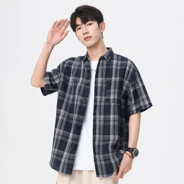 寻星记 美式复古简约潮流宽松格纹长袖上衣外套男衬衫 男女同款