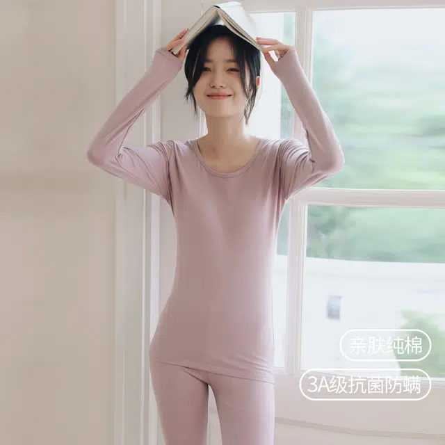 恒源祥 秋衣秋裤纯棉女士纯色圆领套头长袖上衣松紧腰修身长裤薄款内衣打底棉毛衫少女保暖套装 女款