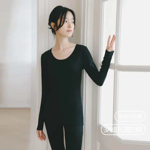 恒源祥 秋衣秋裤纯棉女士纯色圆领套头长袖上衣松紧腰修身长裤薄款内衣打底棉毛衫少女保暖套装 女款