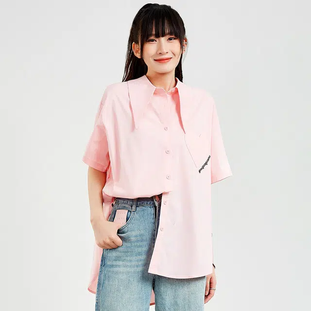 木果果木 时尚方领宽松中长款短袖衬衫 女款