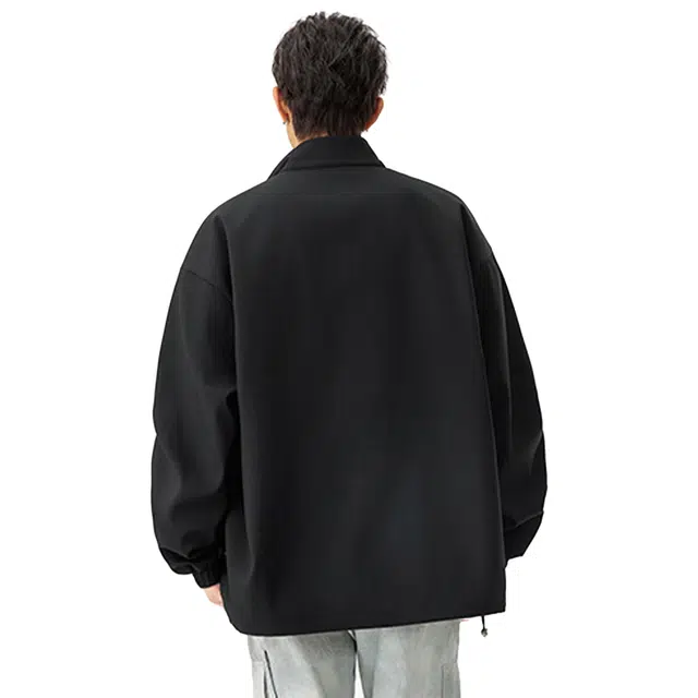 棉基因 美式高街复古纯色简约立领外套格纹设计宽松休闲薄款百搭校园风长袖夹克 男女同款