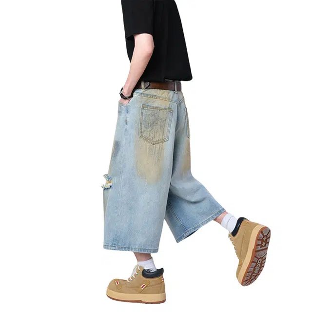 棉基因 美式复古水洗做旧七分裤宽松痞帅潮流时尚阔腿百搭无性别主义舒适简约运动休闲牛仔短裤 男女同款