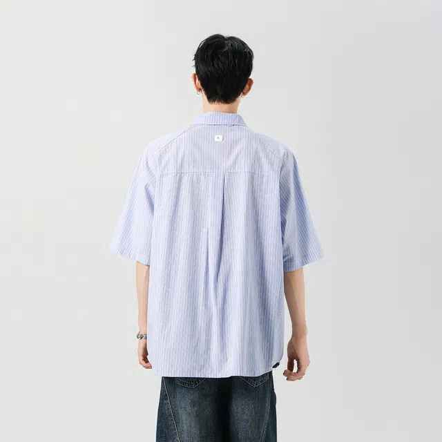 棉基因 学院风韩系垂感宽松云朵闪电刺绣条纹通勤休闲基础日常百搭短袖衬衫 男女同款