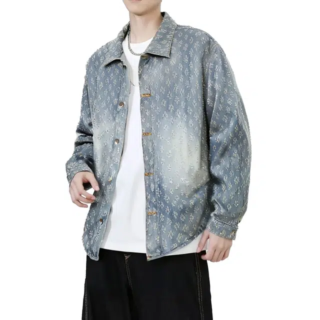 棉基因 美式高街复古水洗做旧裁片提花宽松休闲百搭痞帅潮流日常通勤单排扣翻领落肩无性别主义牛仔外套 男女同款