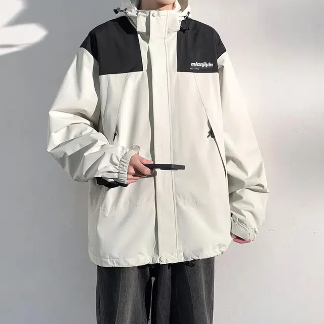 棉基因  山系登山户外简约字母宽松纯色休闲百搭连帽  保暖透气防水防泼水防风冲锋衣 男女同款