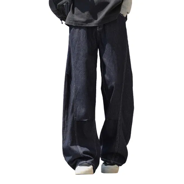 棉基因 美式高街潮流线条切割皮标时尚设计宽松复古无性别主义简约日常通勤百搭高级感直筒系带垂感弯刀牛仔裤 男女同款