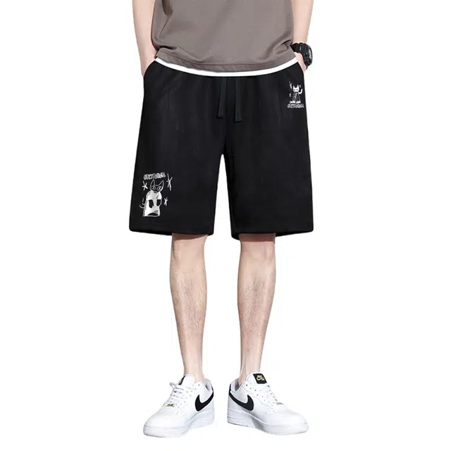 棉基因 美式复古高街潮流多巴胺手绘小猫咪插画直筒纯色简约无性别主义基础运动户外百搭时尚宽松舒适通勤抽绳中腰休闲短裤 男女同款