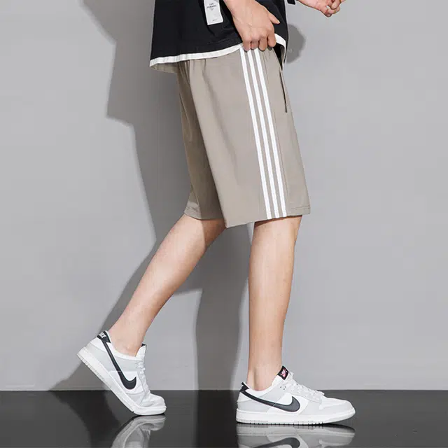 棉基因 趣味小兔开车纯色拼接美式简约条纹凉感速干直筒宽松系带五分休闲短裤 男女同款