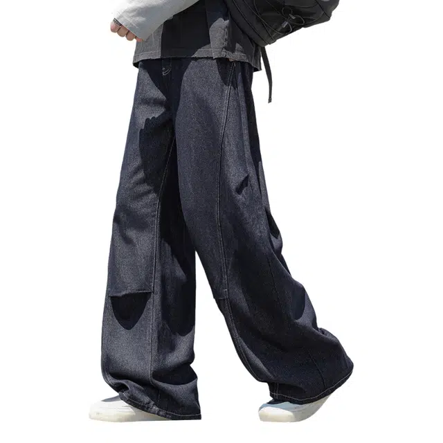 棉基因 美式高街潮流线条切割皮标时尚设计宽松复古无性别主义简约日常通勤百搭高级感直筒系带垂感弯刀牛仔裤 男女同款