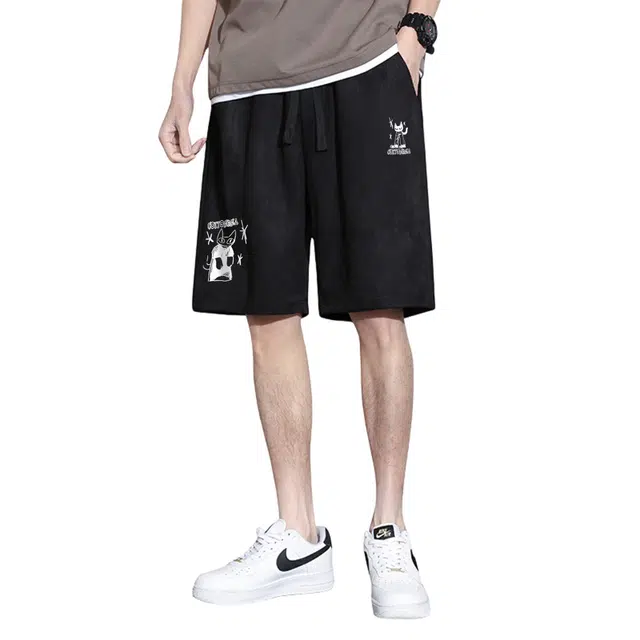 棉基因 美式复古高街潮流多巴胺手绘小猫咪插画直筒纯色简约无性别主义基础运动户外百搭时尚宽松舒适通勤抽绳中腰休闲短裤 男女同款