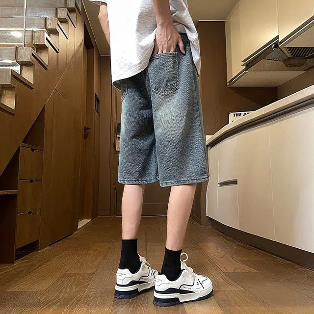 捷帕 美式复古水洗渐变星空纹五分裤抽绳松紧腰高街潮牌宽松中腰直筒垂感户外运动休闲通勤百搭牛仔短裤 男女同款