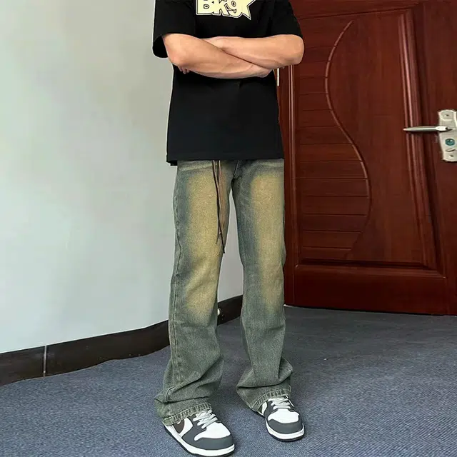 捷帕 美式复古水洗做旧猫须纹破洞长裤子高街潮牌痞帅渐变色宽松中腰直筒休闲通勤百搭牛仔裤 男女同款