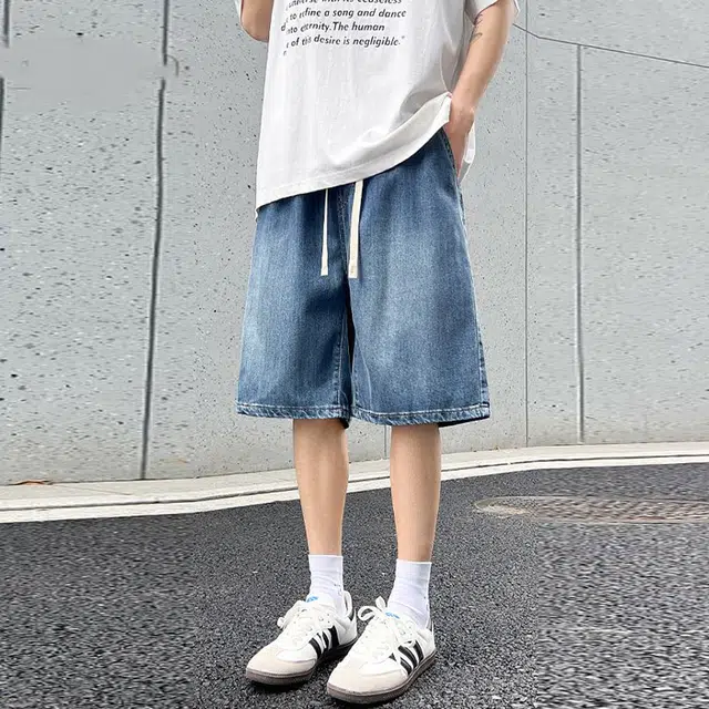 捷帕 时尚港风冰丝凉感薄款抽绳松紧腰五分裤纯色简约百搭美式潮牌水洗复古做旧户外运动休闲通勤牛仔短裤 男女同款