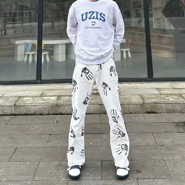 捷帕 美式潮牌高级感个性手掌印花痞帅嘻哈长裤子宽松中腰微喇时尚高街小众潮流日常通勤休闲百搭牛仔裤 男女同款