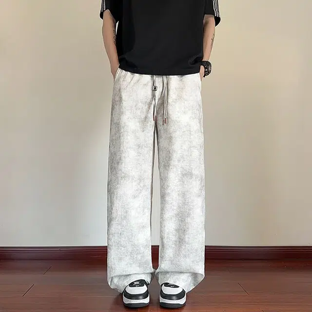 捷帕 时尚港风冰丝凉感薄款扎染抽绳长裤美式高街潮牌水洗复古宽松直筒垂感日常通勤百搭牛仔裤 男女同款