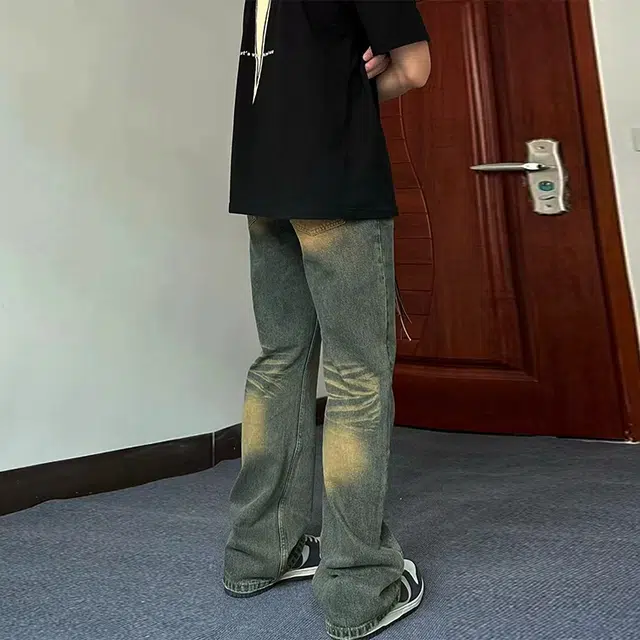 捷帕 美式复古水洗做旧猫须纹破洞长裤子高街潮牌痞帅渐变色宽松中腰直筒休闲通勤百搭牛仔裤 男女同款