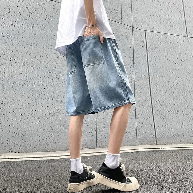 捷帕 时尚港风冰丝凉感薄款五分裤弯刀侧条纹拼接美式水洗复古做旧纯色简约百搭户外运动休闲通勤宽松中腰牛仔短裤 男女同款