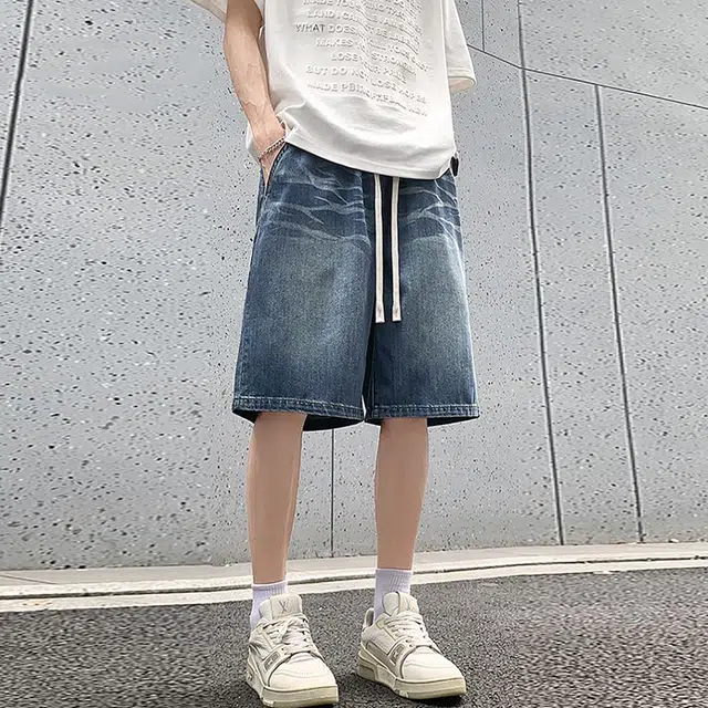 捷帕 时尚港风冰丝凉感复古闪电纹五分裤抽绳美式潮牌水洗做旧纯色简约百搭宽松中腰户外运动休闲通勤牛仔短裤 男女同款