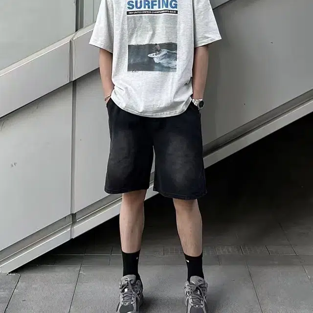 捷帕 时尚港风复古水洗做旧简约基础款抽绳松紧腰设计五分裤美式潮牌宽松垂感日常休闲通勤百搭牛仔短裤 男女同款
