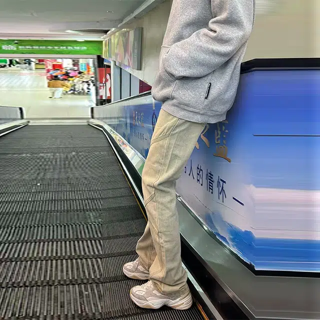 捷帕 美式高街潮牌小众设计感明线拼接纯色时尚潮流水洗复古做旧日常通勤休闲百搭弯刀宽松中腰长裤牛仔裤 男女同款
