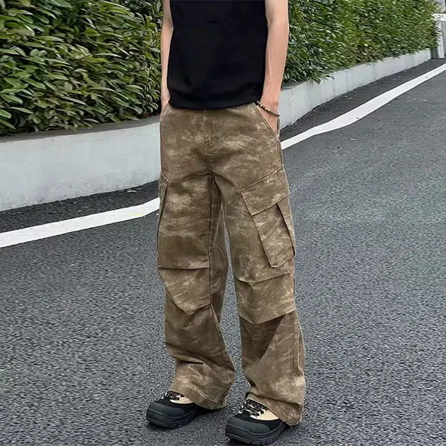 捷帕 美式复古高街潮流大口袋工装迷彩长裤水洗做旧褶皱舒适宽松中腰直筒垂感拖地通勤休闲百搭牛仔裤 男女同款
