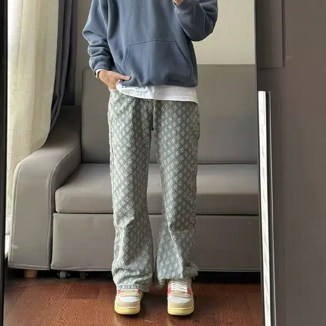 捷帕 美式高街设计感个性提花满印微喇长裤水洗复古做旧时尚潮流宽松阔腿垂感纯色百搭休闲通勤牛仔裤 男女同款