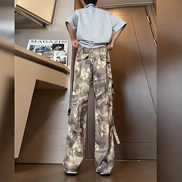 捷帕 冰丝凉感垂感薄款多口袋工装迷彩长裤美式高街潮牌宽松阔腿抽绳水洗复古做旧军事废土风休闲通勤百搭牛仔裤 男女同款