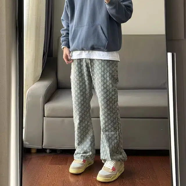 捷帕 美式高街设计感个性提花满印微喇长裤水洗复古做旧时尚潮流宽松阔腿垂感纯色百搭休闲通勤牛仔裤 男女同款
