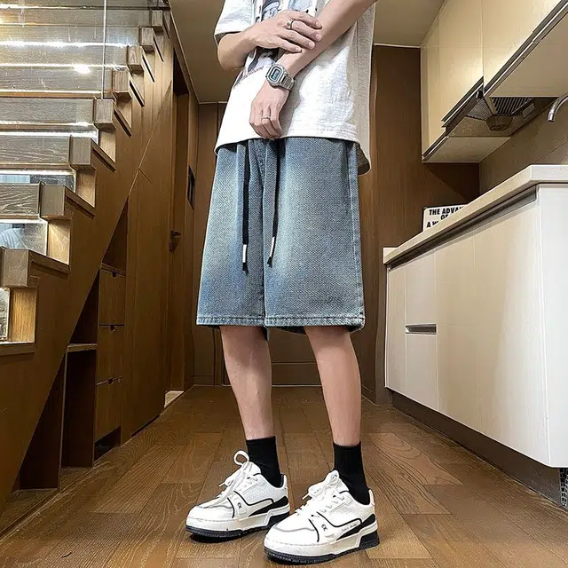 捷帕 美式复古水洗渐变星空纹五分裤抽绳松紧腰高街潮牌宽松中腰直筒垂感户外运动休闲通勤百搭牛仔短裤 男女同款