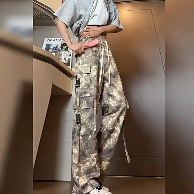 捷帕 冰丝凉感垂感薄款多口袋工装迷彩长裤美式高街潮牌宽松阔腿抽绳水洗复古做旧军事废土风休闲通勤百搭牛仔裤 男女同款