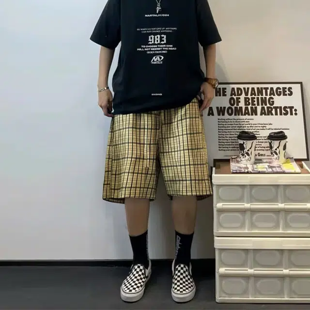 捷帕 时尚轻薄透气速干条纹格子设计宽松中腰日常通勤户外运动百搭五分裤休闲短裤 男女同款