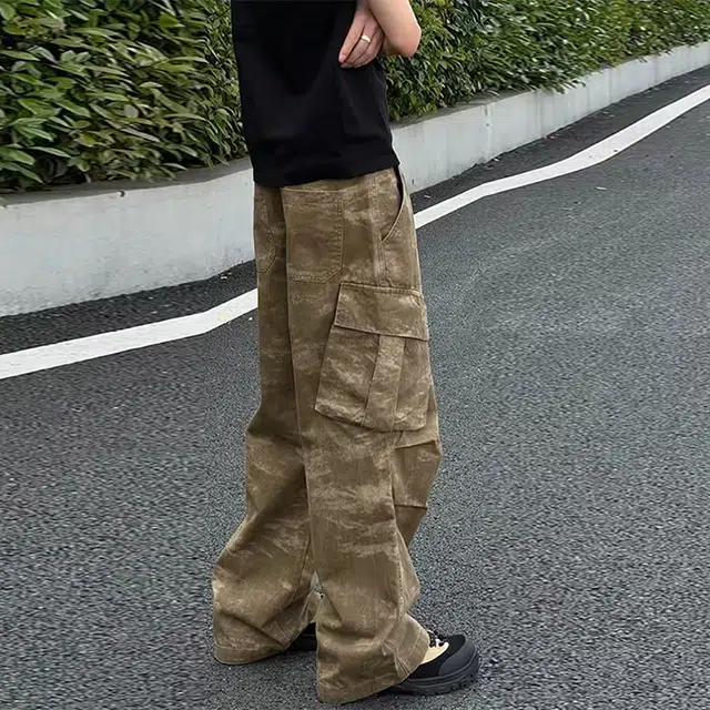 捷帕 美式复古高街潮流大口袋工装迷彩长裤水洗做旧褶皱舒适宽松中腰直筒垂感拖地通勤休闲百搭牛仔裤 男女同款