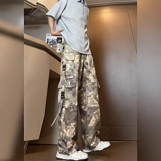 捷帕 冰丝凉感垂感薄款多口袋工装迷彩长裤美式高街潮牌宽松阔腿抽绳水洗复古做旧军事废土风休闲通勤百搭牛仔裤 男女同款