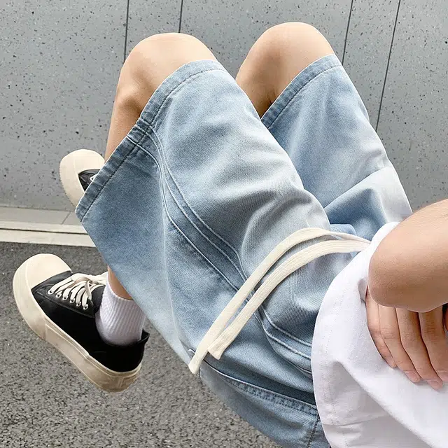 捷帕 时尚港风冰丝凉感薄款五分裤弯刀侧条纹拼接美式水洗复古做旧纯色简约百搭户外运动休闲通勤宽松中腰牛仔短裤 男女同款