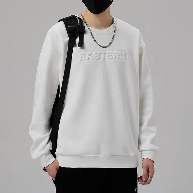 捷帕 美式潮牌立体印花纯色简约百搭长袖打底衫宽松大码保暖舒适圆领套头复古基础款卫衣 男女同款