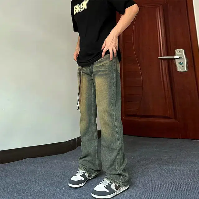 捷帕 美式复古水洗做旧猫须纹破洞长裤子高街潮牌痞帅渐变色宽松中腰直筒休闲通勤百搭牛仔裤 男女同款