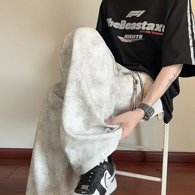 捷帕 时尚港风冰丝凉感薄款扎染抽绳长裤美式高街潮牌水洗复古宽松直筒垂感日常通勤百搭牛仔裤 男女同款