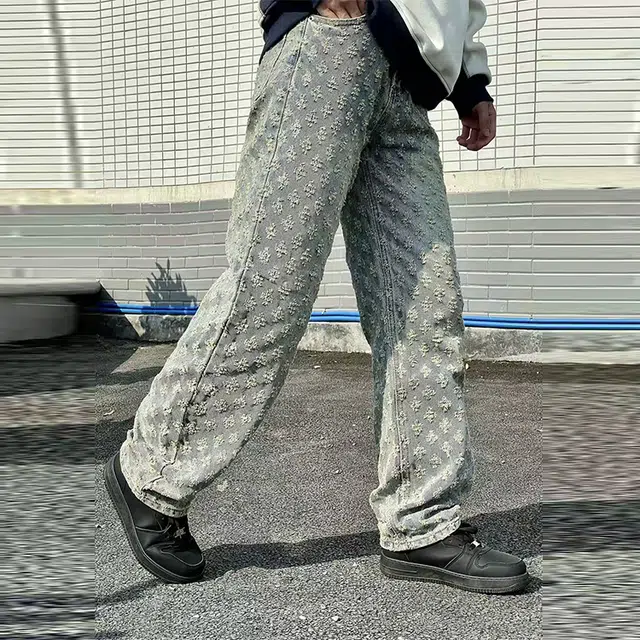 捷帕 美式高街设计感个性提花满印微喇长裤水洗复古做旧时尚潮流宽松阔腿垂感纯色百搭休闲通勤牛仔裤 男女同款