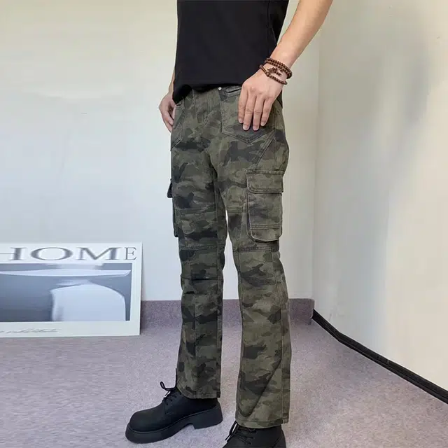捷帕 美式复古工装多口袋迷彩水洗做旧高街潮牌牛仔裤 男女同款