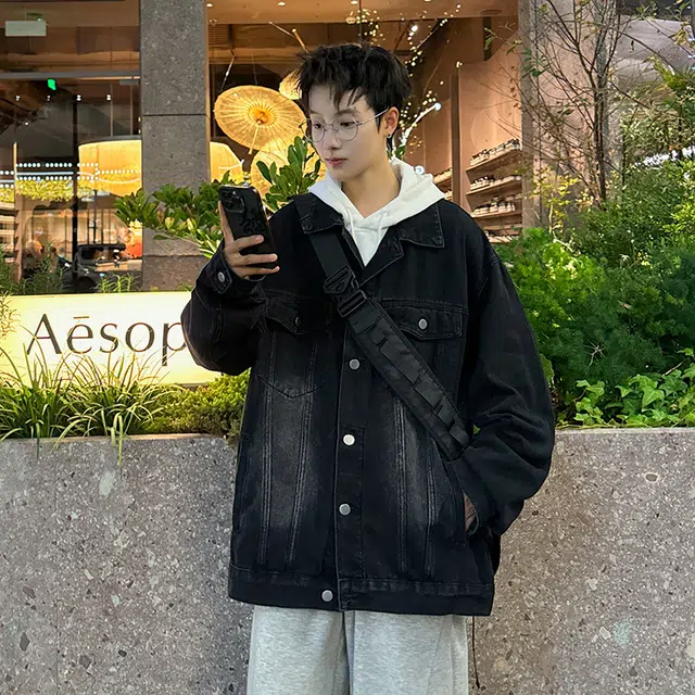 捷帕 美式潮牌复古做旧宽松上衣纯色简约百搭基础款时尚潮流韩系港风痞帅通勤休闲长袖牛仔外套 男女同款