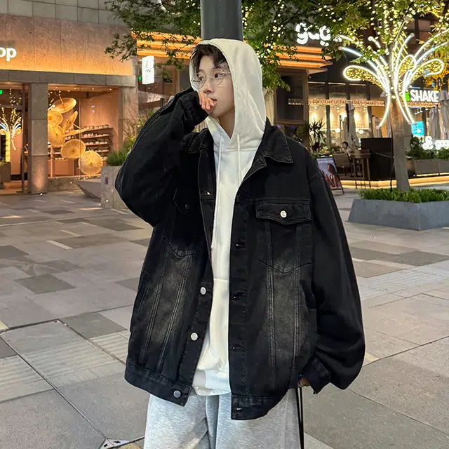 捷帕 美式潮牌复古做旧宽松上衣纯色简约百搭基础款时尚潮流韩系港风痞帅通勤休闲长袖牛仔外套 男女同款