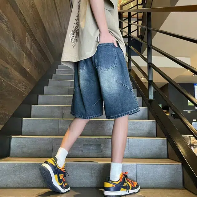 捷帕 美式高街复古水洗做旧荷叶边时尚潮流宽松中腰直筒垂感日常通勤休闲百搭五分牛仔短裤 男女同款