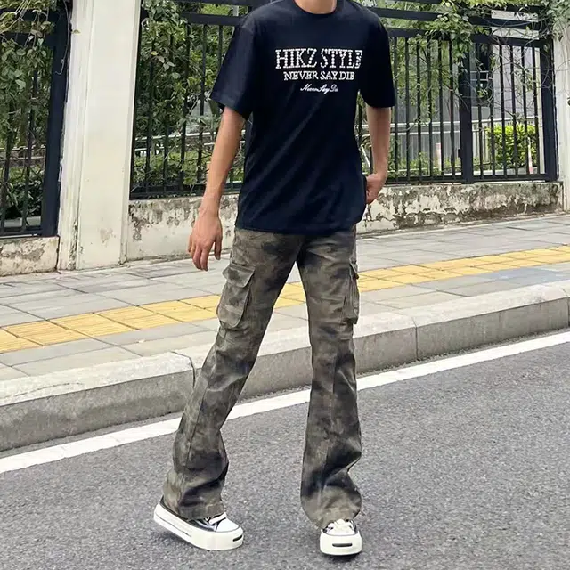 捷帕 美式复古工装多口袋迷彩水洗做旧高街潮牌牛仔裤 男女同款