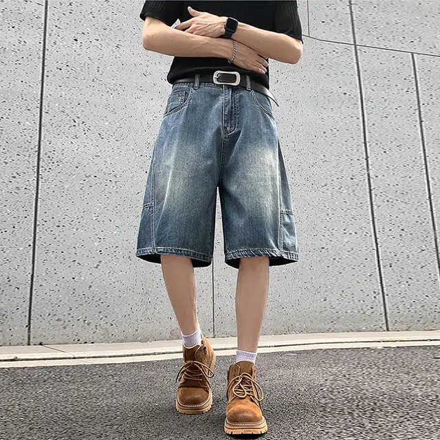 捷帕 时尚港风冰丝凉感薄款五分裤美式水洗复古做旧纯色简约百搭褶皱拼接弯刀户外运动休闲通勤宽松中腰牛仔短裤 男女同款