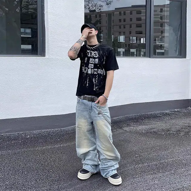 捷帕 美式复古竹节纹水洗做旧渐变色长裤高街潮牌宽松阔腿弯刀中腰主直筒休闲通勤百搭牛仔裤 男女同款