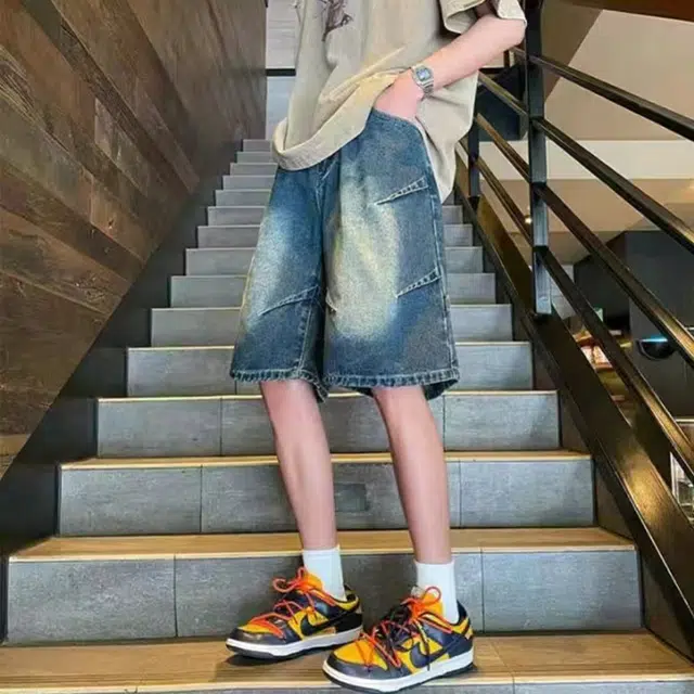 捷帕 美式高街复古水洗做旧荷叶边时尚潮流宽松中腰直筒垂感日常通勤休闲百搭五分牛仔短裤 男女同款
