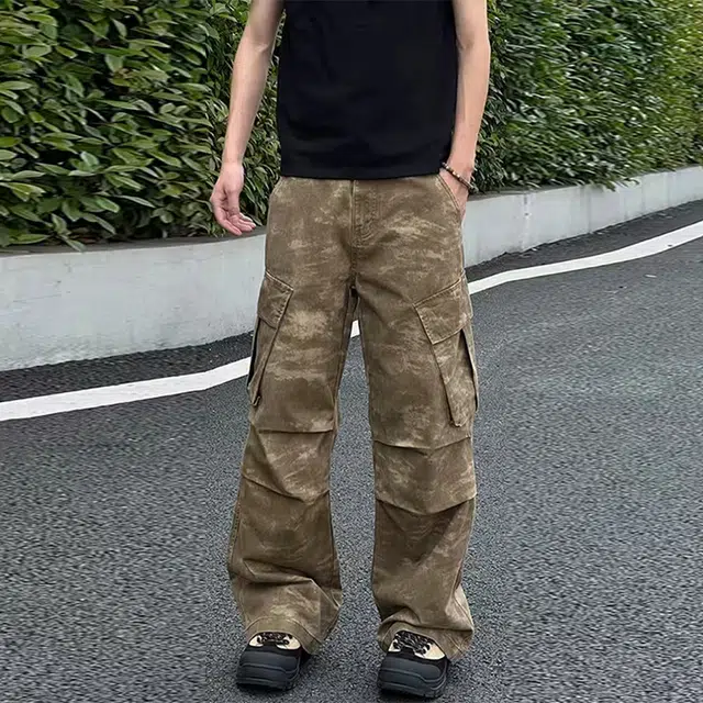 捷帕 美式复古高街潮流大口袋工装迷彩长裤水洗做旧褶皱舒适宽松中腰直筒垂感拖地通勤休闲百搭牛仔裤 男女同款