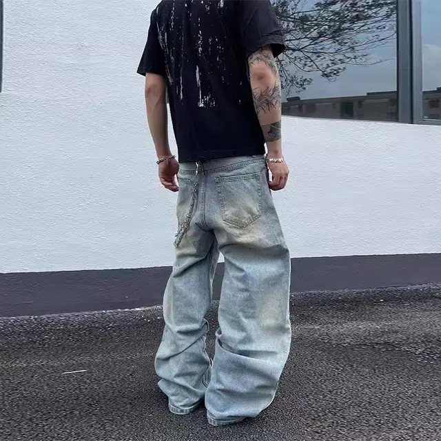 捷帕 美式复古竹节纹水洗做旧渐变色长裤高街潮牌宽松阔腿弯刀中腰主直筒休闲通勤百搭牛仔裤 男女同款