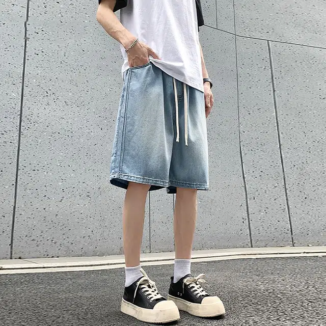 捷帕 时尚港风冰丝凉感薄款五分裤弯刀侧条纹拼接美式水洗复古做旧纯色简约百搭户外运动休闲通勤宽松中腰牛仔短裤 男女同款
