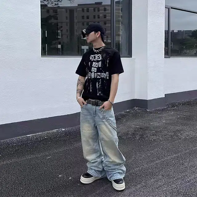 捷帕 美式复古竹节纹水洗做旧渐变色长裤高街潮牌宽松阔腿弯刀中腰主直筒休闲通勤百搭牛仔裤 男女同款